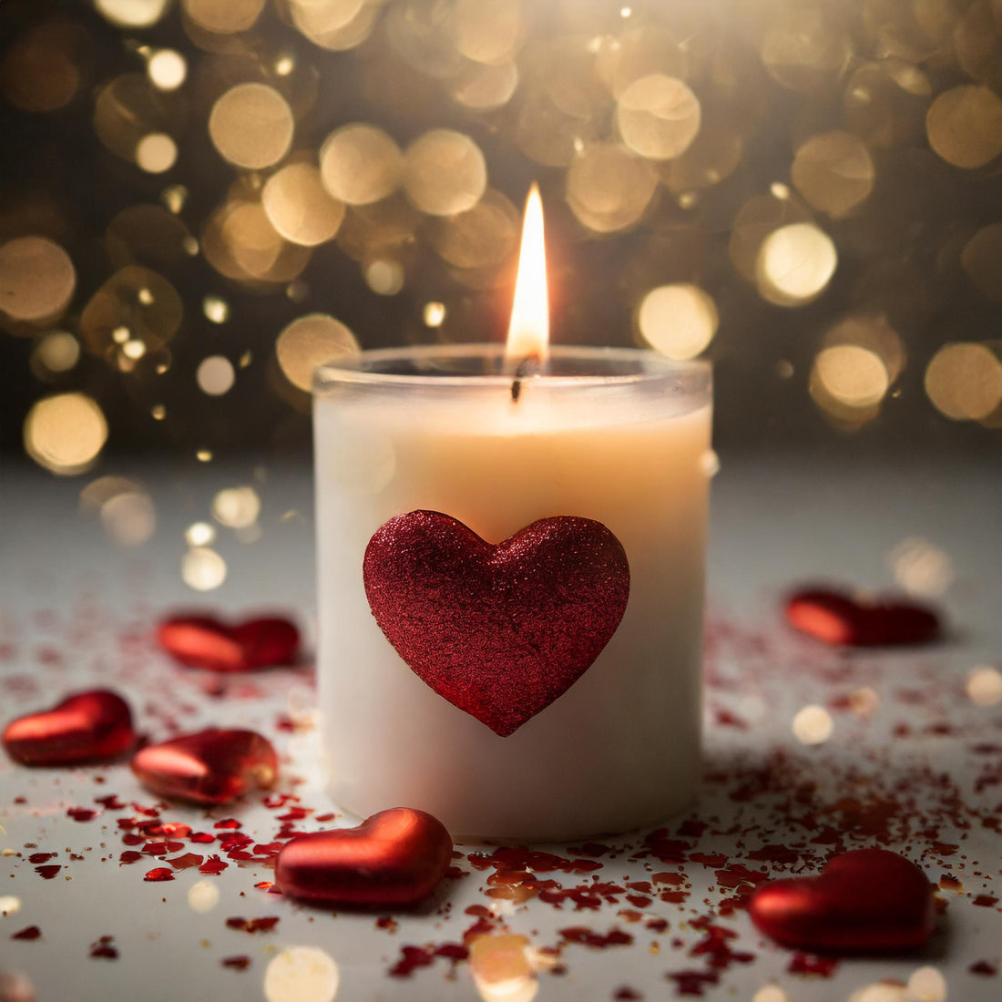 Sparkling firefly effect behind a white lit candle in a clear with bright red puffed hearts and glittler around it and one stuck onto the candle.