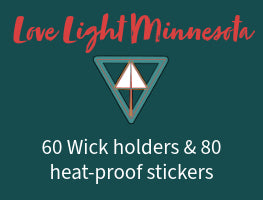 Label graphic for 'Love Light Minnesota' with wick holders and heat-proof stickers on a teal background.