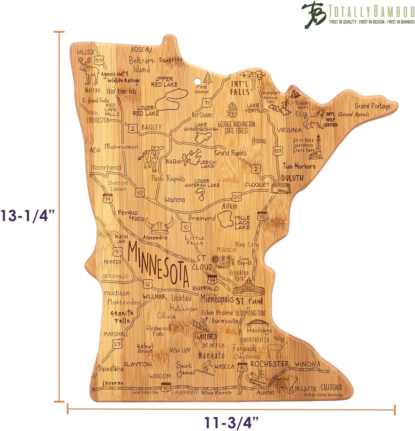 Totally Bamboo Destination Minnesota State Shaped Serving and Cutting Board, Includes Hang Tie for Wall Display
