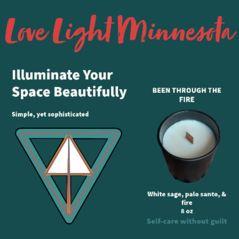 'Been Through the Fire' Candle with branding and product description on a teal background