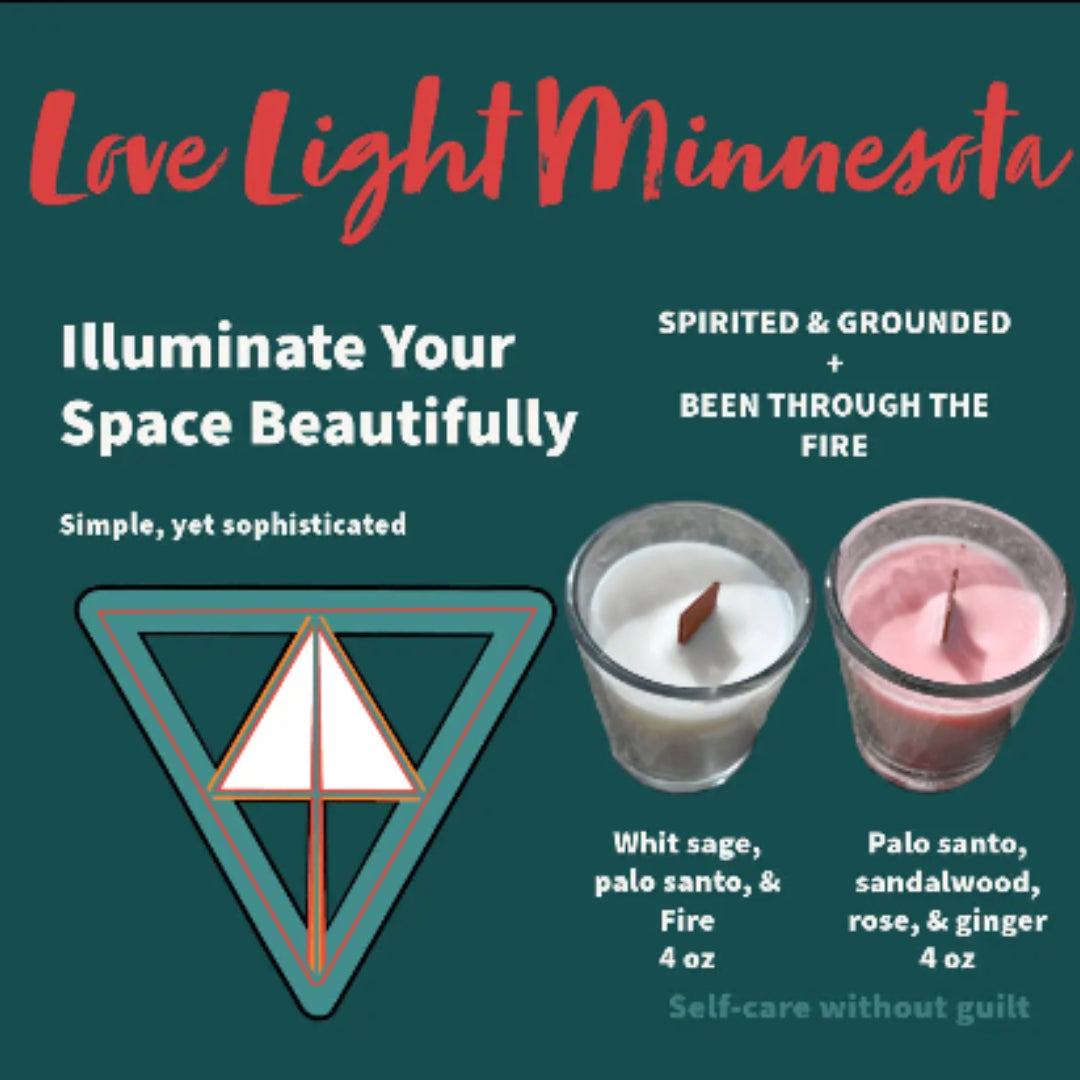 Product Label for Love Light Minnesota candles 'BTTF and S&G' with two candle images and text on a green background.