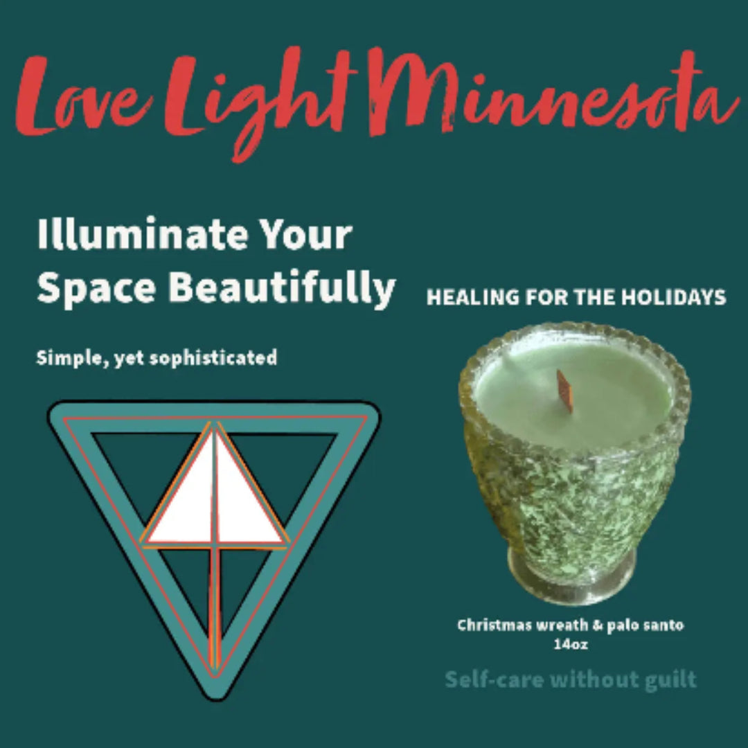 Product label for Love Light Minnesota candle 'Healing for the Holidays' with text and a candle image on a green background
