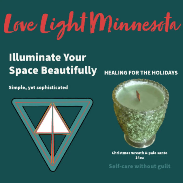 Product label for Love Light Minnesota candle 'Healing for the Holidays' with text and a candle image on a green background