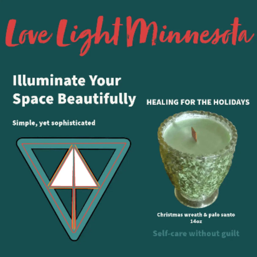 Product label for Love Light Minnesota candle 'Healing for the Holidays' with text and a candle image on a green background
