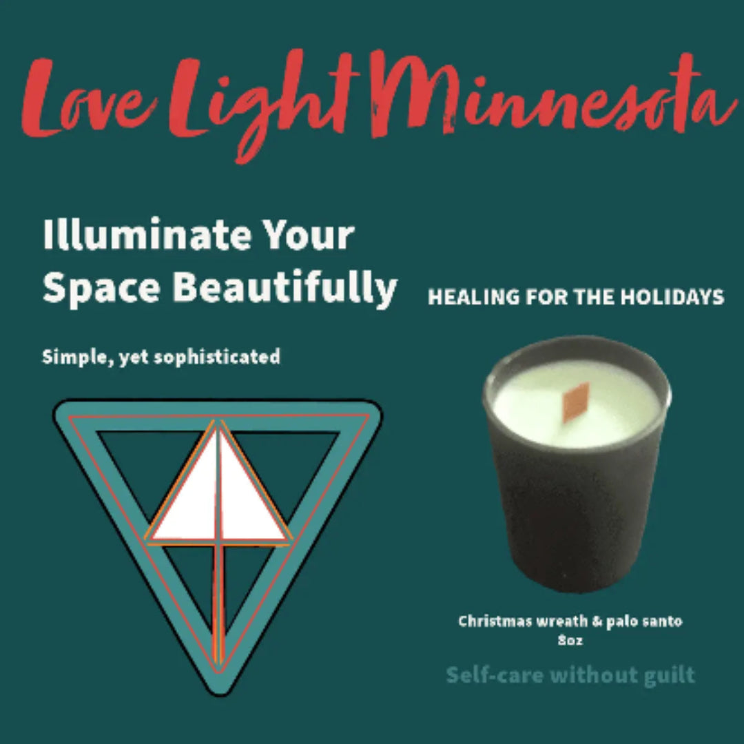 Product label for Love Light Minnesota's 'Healing for the Holidays' candle and geometric design on a teal background