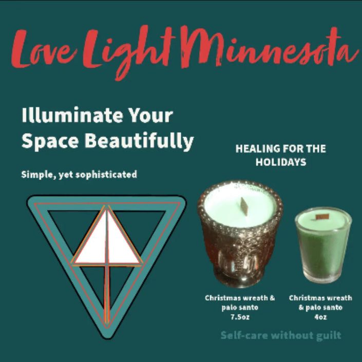 Product logo for 'Love Light Minnesota' with candles and text on a green background. Candle: Healing for the Holidays rr