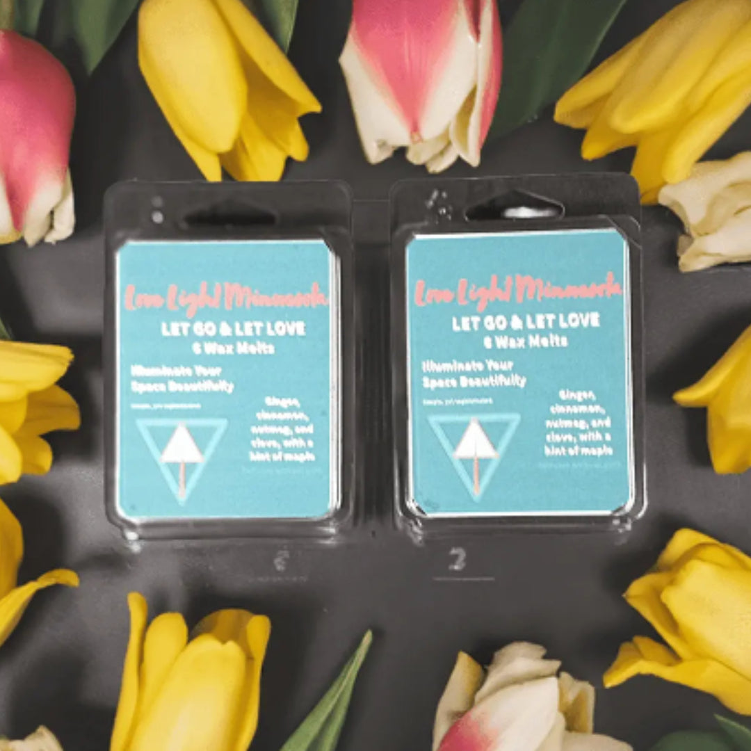 Two wax melt packages with a blue label on a black background with yellow tulips.