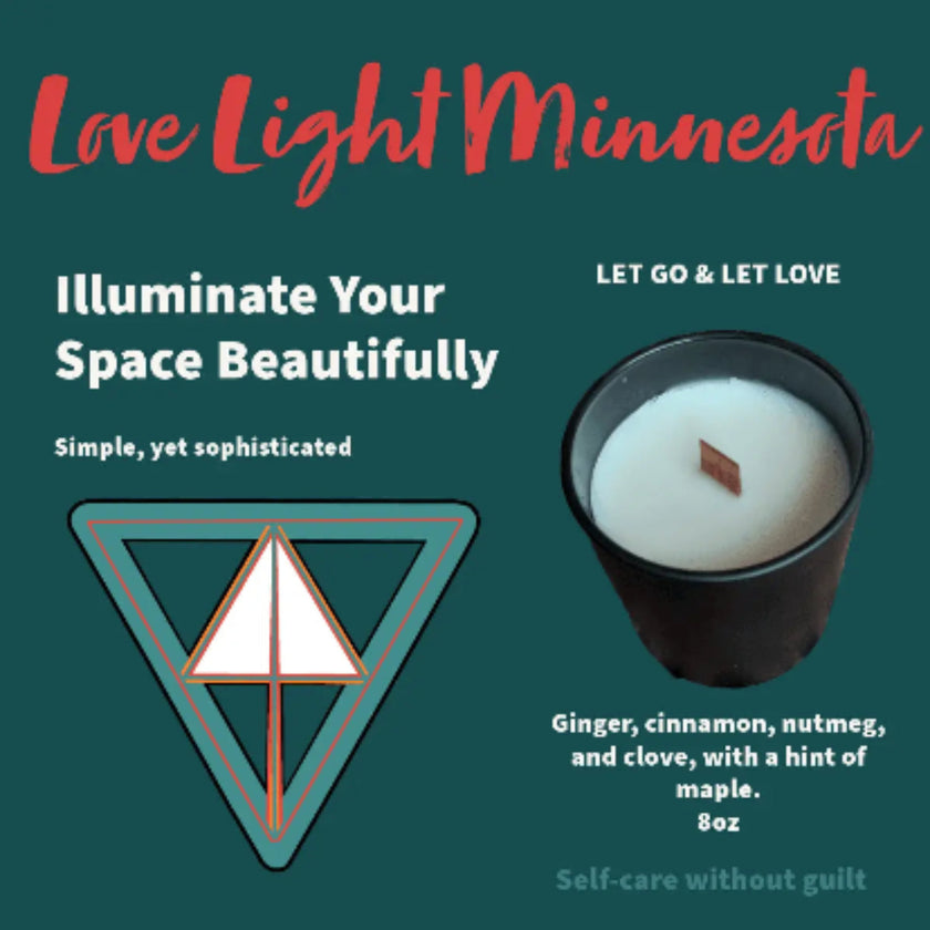 Product Label for Love Light Minnesota candle 'Let Go & Let Love' with text and a candle image on a green background