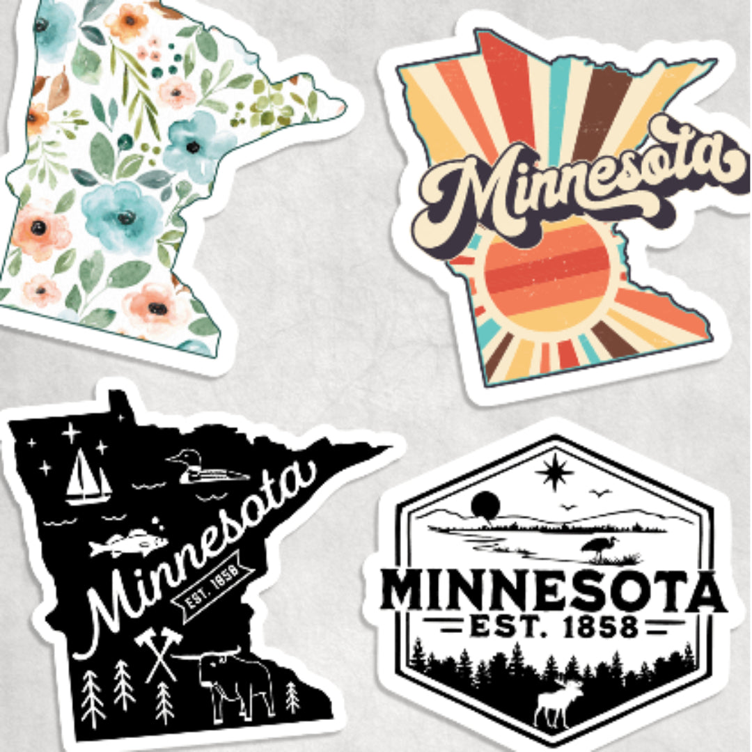 Four Minnesota-themed stickers with different designs on a light gray background.