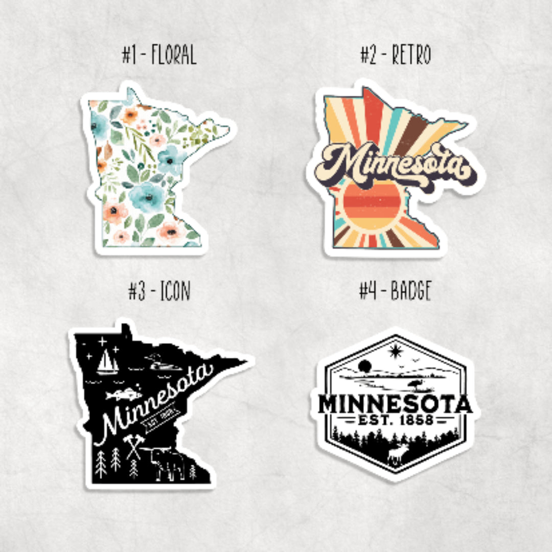 Four Minnesota-themed stickers with different design styles on a light gray background. #1 floral #2 Retro #3 Icon #4 Badge