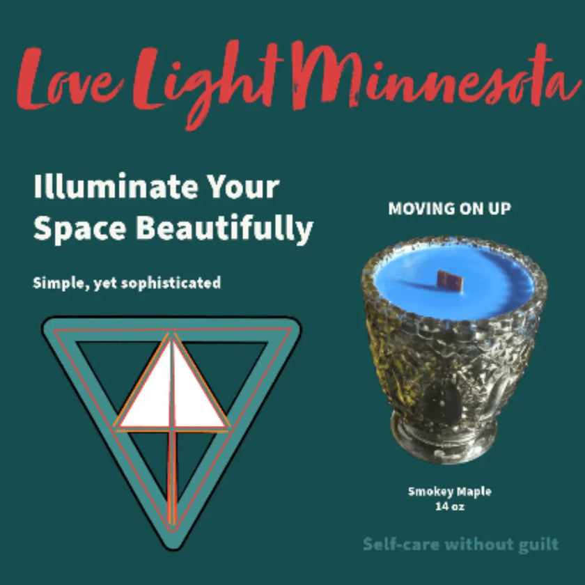 Product Label for Love Light Minnesota candle 'Moving On Up' with text and product image on a green background