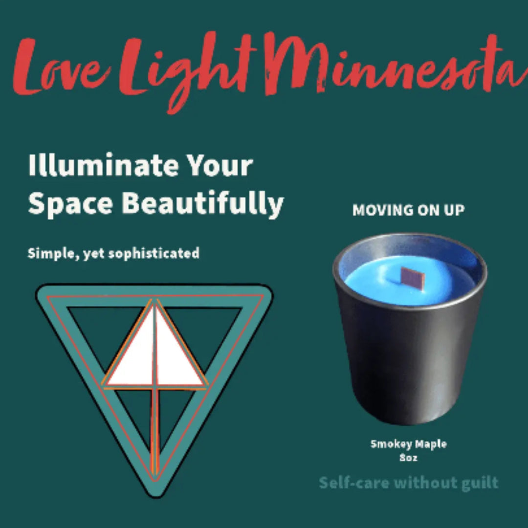 Product Label for a candle 'Moving On Up' with a candle and text on a green background