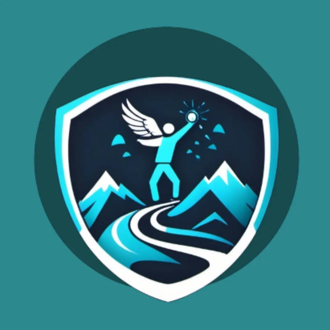 Logo with a person reaching towards the sky over mountain paths on a teal background