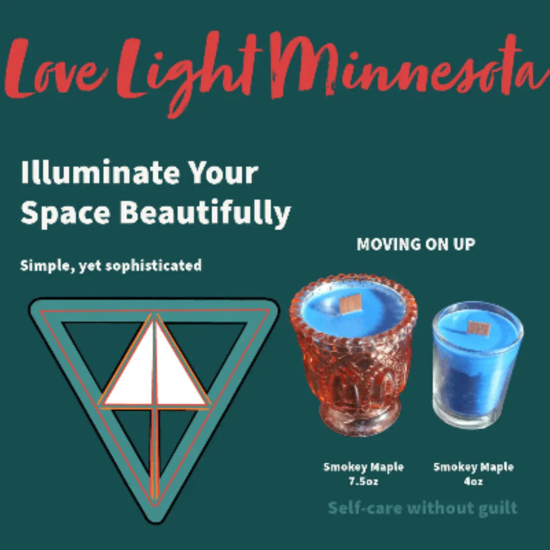 Product Label for Love Light Minnesota candles 'Moving On Up RR' with product images and text on a green background