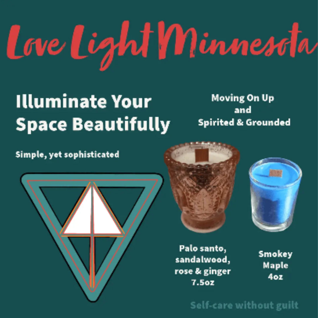 Product Label for Love Light Minnesota candles 'Moving on up and S&G RR' with product images and text on a green background