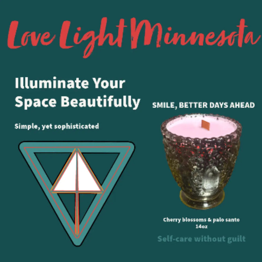 Logo for Love Light Minnesota candle with text and product image on a green background
