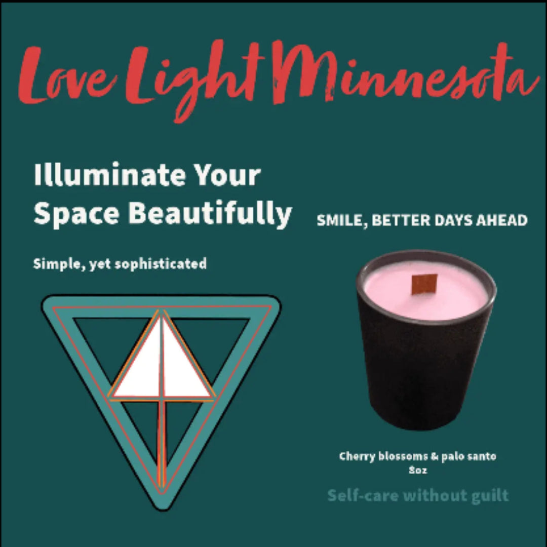 Advertisement for Love Light Minnesota candle with text and product image on a teal background
