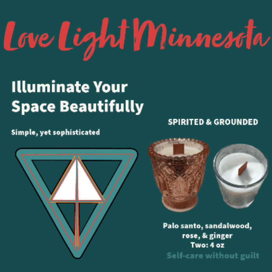 Product Label for Love Light Minnesota candles 'Spirited & Grounded' with product images and text on a green background