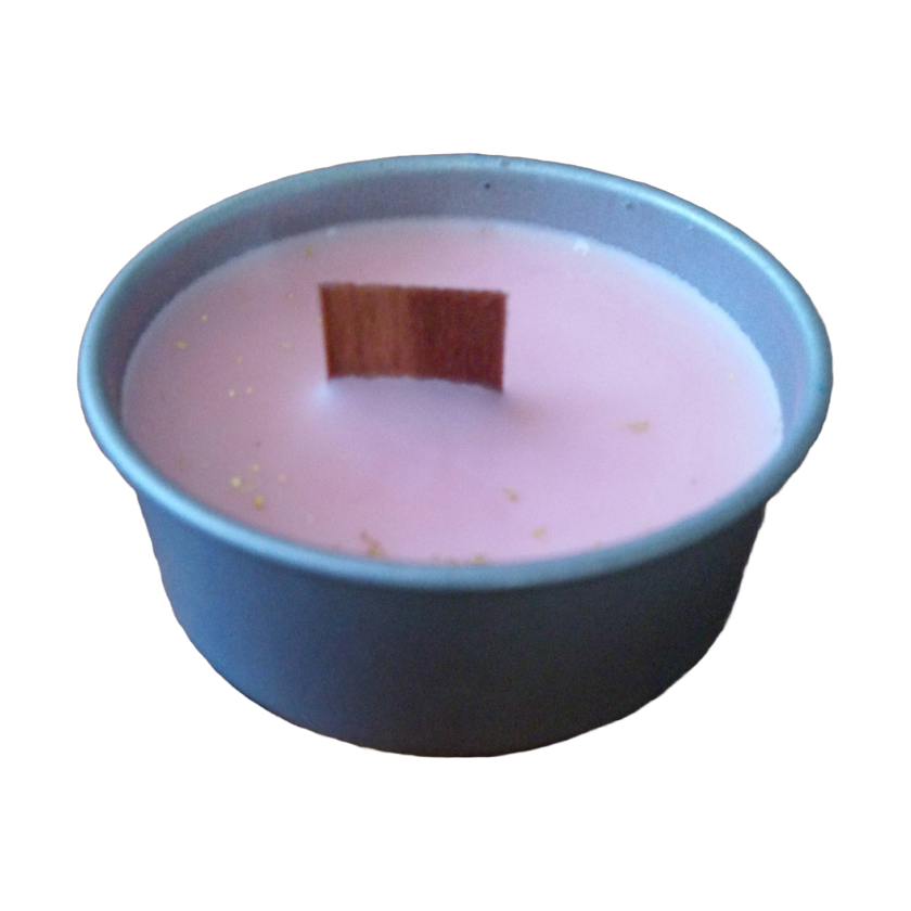 Coconut soy wax candles in metal containers, presented in a variety of colors, including pink, red, yellow, and white, purple.