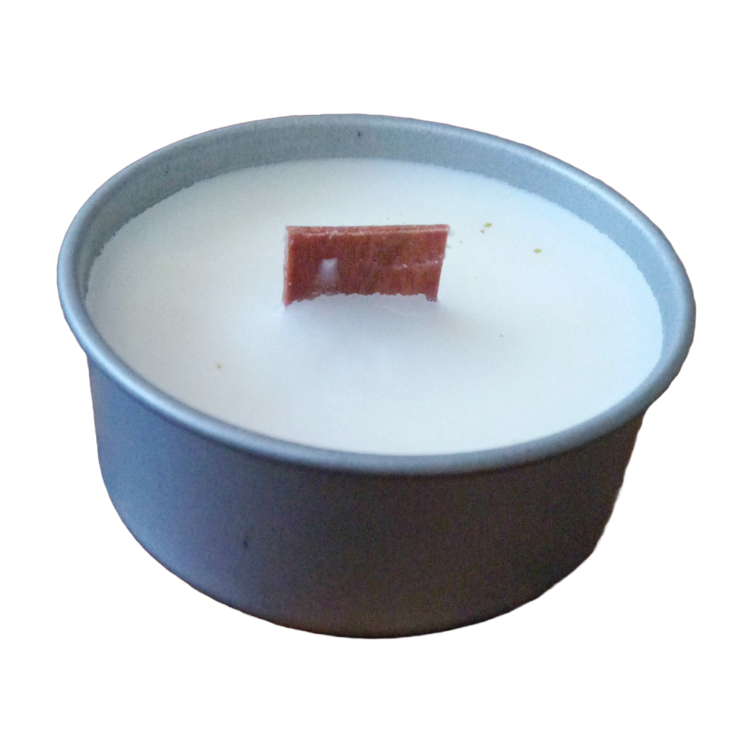 Coconut soy wax candles in metal containers, presented in a variety of colors, including pink, red, yellow, and white, purple.