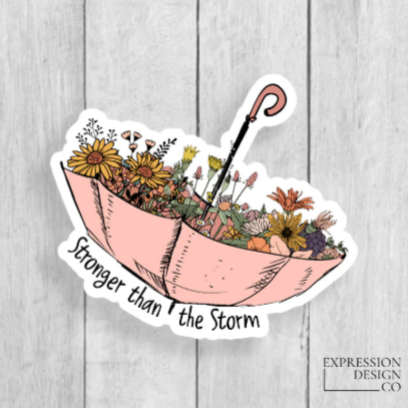 Sticker featuring a floral design inside an umbrella, with the text 