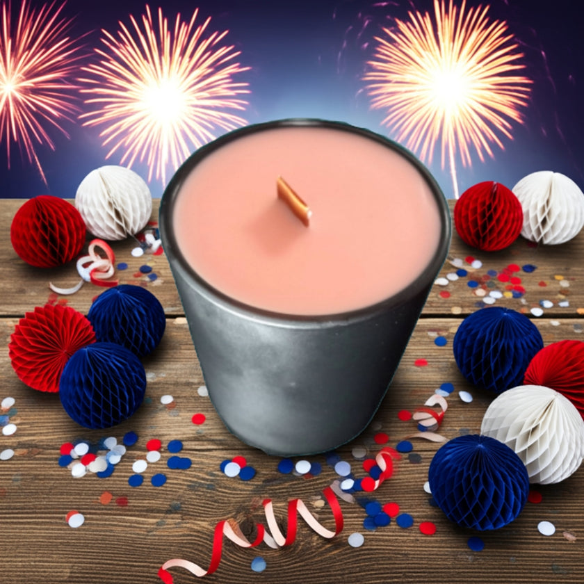 Celebrating July Fourth with fireworks and confetti with our product image for our 8 oz candle Wild Hair Berry