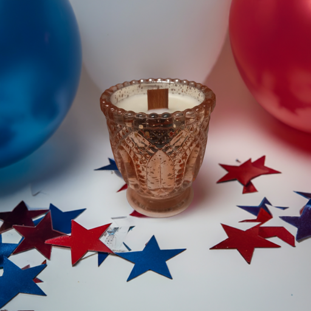 Red, white, and blue themed royal rose gold goblet candle