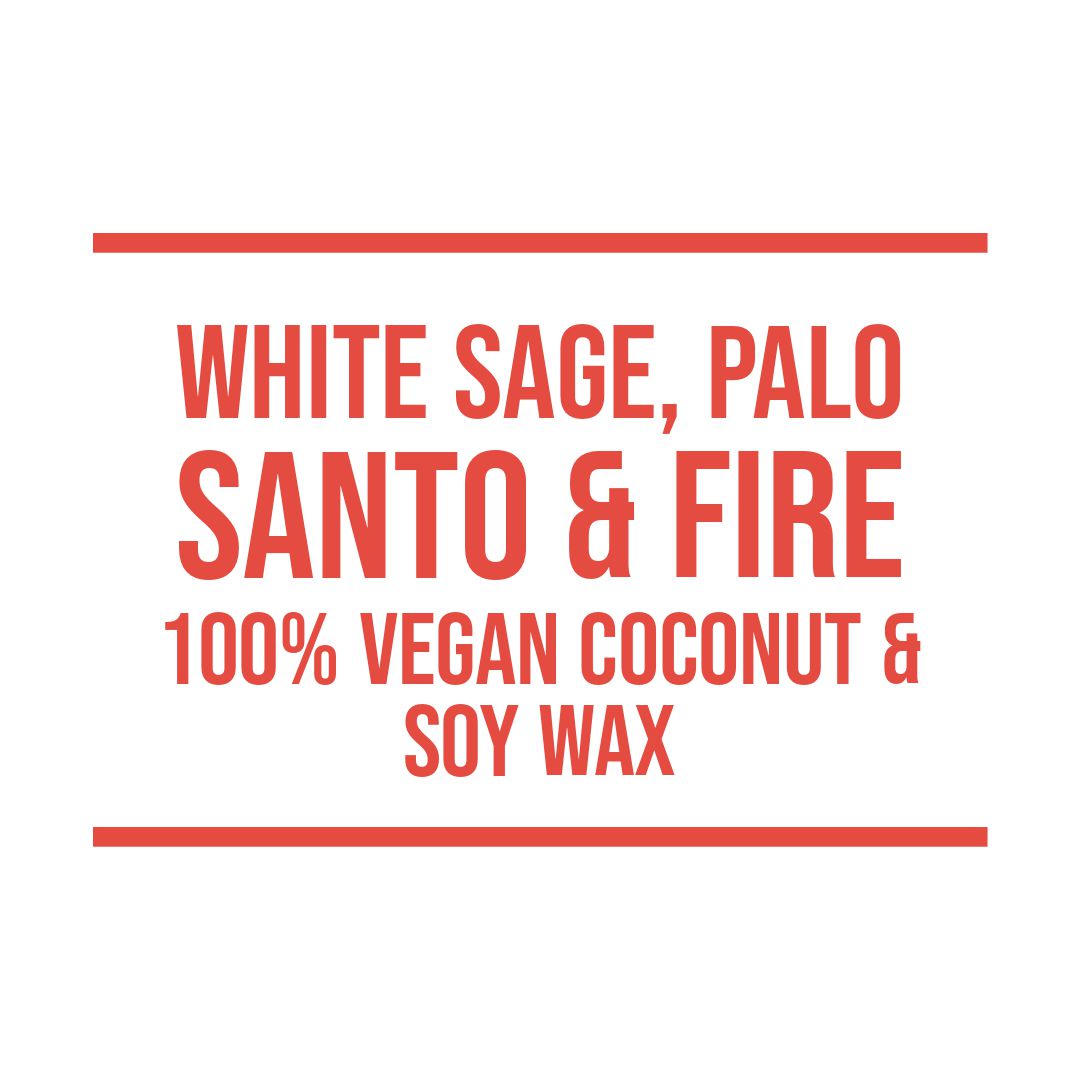 Red on white label for our white sage, palo santo, and fire 100% vegan coconut & soy wax